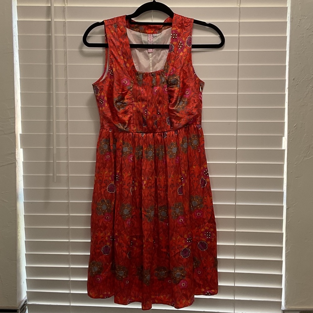 100% silk orange Floral Sleeveless Midi Dress